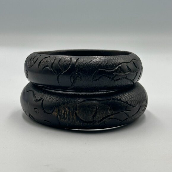 3/$30 Wood Bangle Bracelet Lot Carved Rhino Animal Design Dark Brown Wooden - Picture 1 of 11